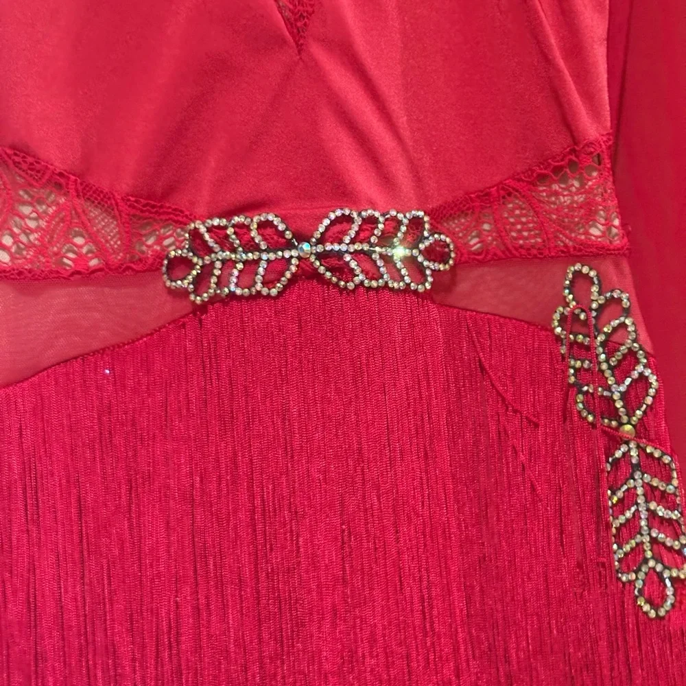 Adult Red illusion chest/sleeves dress w Lace front/Fringe bottom leo. attached. - Picture 3 of 3